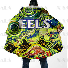 Laden Sie das Bild in den Galerie-Viewer, Assorted Anzac Day Indigenous Printed NRL Duffle Hooded Cloaks - Sharks &amp; Eels