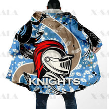 Load image into Gallery viewer, Assorted Anzac Day Indigenous Printed AFL &amp; NRL Duffle Hooded Cloaks - Magpies &amp; Knights