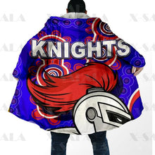 Load image into Gallery viewer, Assorted Anzac Day Indigenous Printed AFL &amp; NRL Duffle Hooded Cloaks - Magpies &amp; Knights