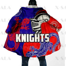Load image into Gallery viewer, Assorted Anzac Day Indigenous Printed AFL &amp; NRL Duffle Hooded Cloaks - Magpies &amp; Knights
