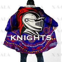 Load image into Gallery viewer, Assorted Anzac Day Indigenous Printed AFL &amp; NRL Duffle Hooded Cloaks - Magpies &amp; Knights