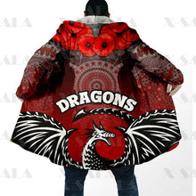 Carica l&#39;immagine nel visualizzatore di Gallery, Assorted Anzac Day Indigenous Printed NRL Duffle Hooded Cloaks - Sea Eagles &amp; Dragons