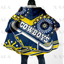 Carica l&#39;immagine nel visualizzatore di Gallery, Assorted Anzac Day Indigenous Printed NRL Duffle Hooded Cloaks - Cowboys