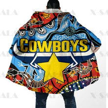 Carica l&#39;immagine nel visualizzatore di Gallery, Assorted Anzac Day Indigenous Printed NRL Duffle Hooded Cloaks - Cowboys