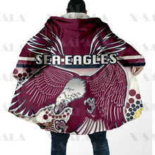 Laden Sie das Bild in den Galerie-Viewer, Assorted Anzac Day Indigenous Printed NRL Duffle Hooded Cloaks - Sea Eagles &amp; Dragons