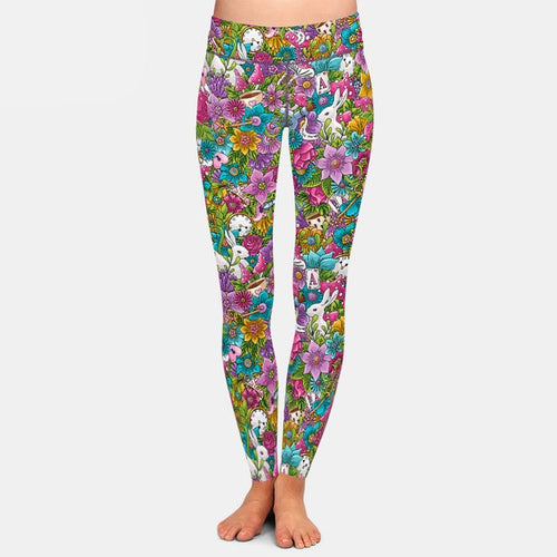 Ladies 3D Hand-Painted Flowers/Clocks/Rabbits Printed Leggings