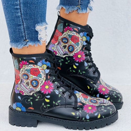 Womens Coloured Skulls Printed Ankle Boots