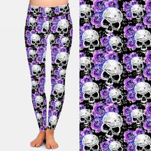 Ladies 3D Gothic Flowers & Skulls Printed Leggings