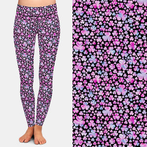 Ladies Watercolour Pink Clover Leaves Printed Leggings