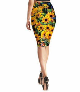 Womens Casual/Office Sunflowers Printed Stretch Pencil Skirts