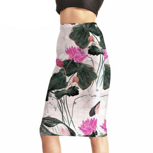 Womens Casual/Office Beautiful Lotus Printed Stretch Pencil Skirts
