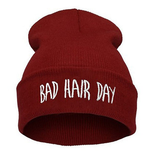 Ladies Fashion Embroidered BAD HAIR DAY Knitted Beanies