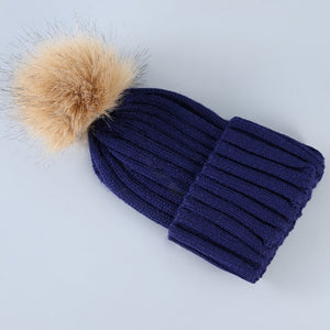 Cute Winter Knitted Hat With Fluffy Fur Pompom