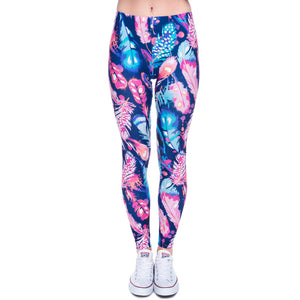 Gorgeous Ladies One Size Blue Leggings With Printed Feathers