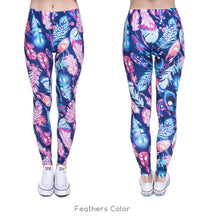 Load image into Gallery viewer, Gorgeous Ladies One Size Blue Leggings With Printed Feathers