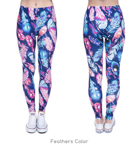 Gorgeous Ladies One Size Blue Leggings With Printed Feathers